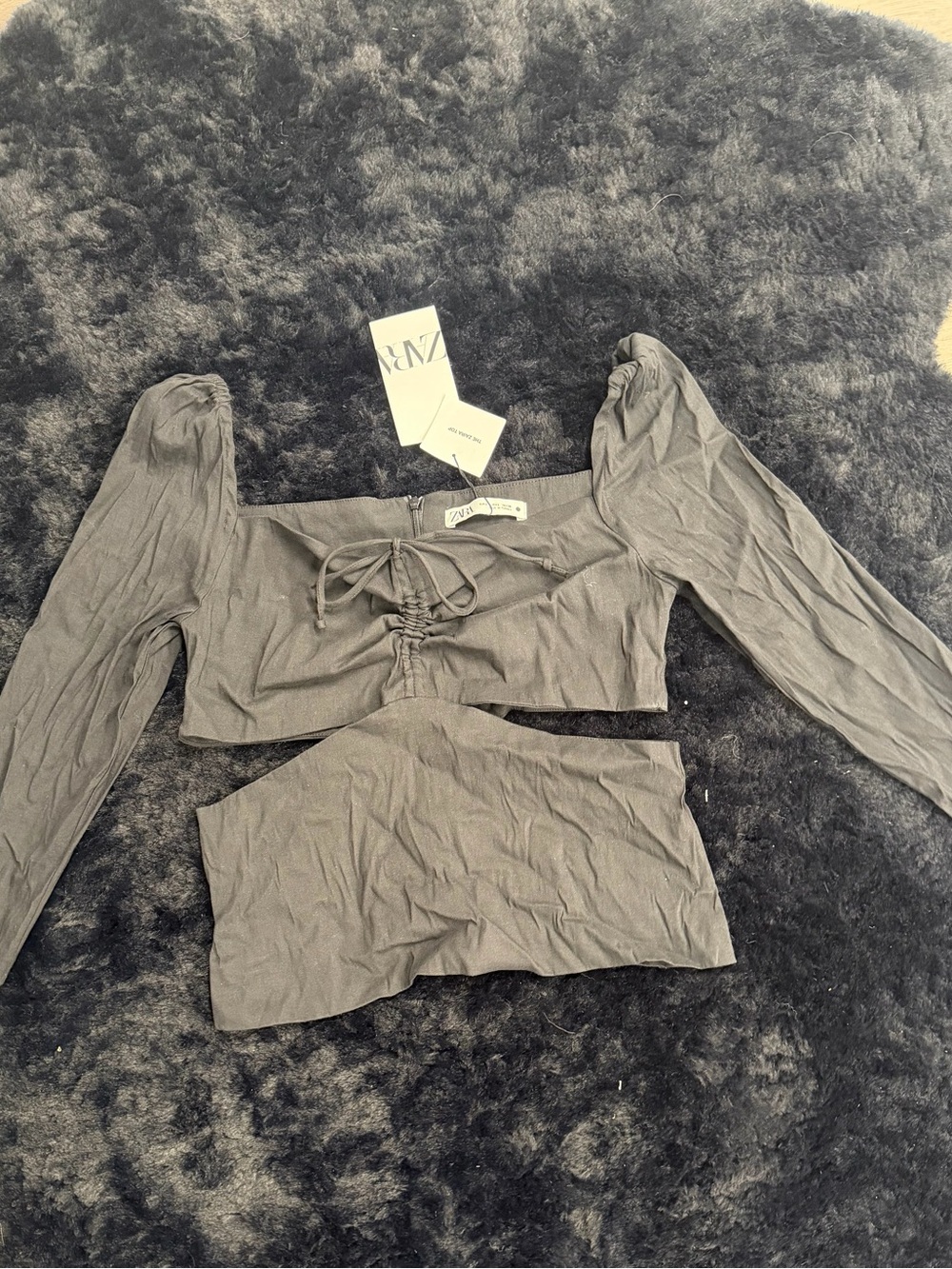Zara Gray Lace-Up Long Sleeve Crop Top